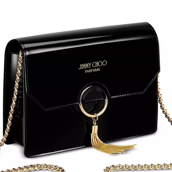 JIMMY CHOO Crossbody Purse w/Chain Clutch Style Bag Black Patent Vegan Leather